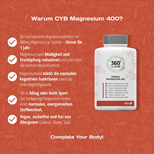 CYB 360 Power Magnesium – 400 mg reines, hochdosiertes Magnesium – Vegan – 1 x 365 Tabletten