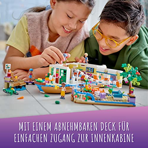 LEGO 41702 Friends Hausboot, Spielzeugboot für Jungen und Mädchen ab 7 Jahren mit Garten, 4 Mini-Puppen und Tierfigur, von Natur inspiriertes Geschenk