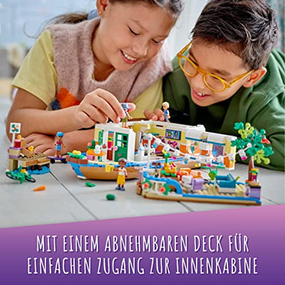 LEGO 41702 Friends Hausboot, Spielzeugboot für Jungen und Mädchen ab 7 Jahren mit Garten, 4 Mini-Puppen und Tierfigur, von Natur inspiriertes Geschenk