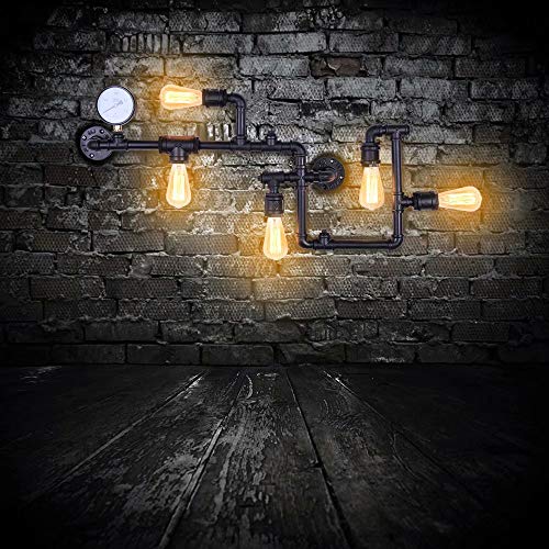 Lingkai Vintage Industrial Retro Wasserpfeife Wandlampe mit fünf Edison Lichtquellen Steampunk Wandleuchte in schwarzem Fertig, Glühbirnen nicht enthalten