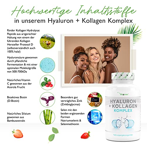 Hyaluronsäure Kollagen Komplex - 240 Kapseln - Premium: Mit bioaktives Biotin, Selen, Zink, natürliches Vitamin C aus Acerola & Silizium aus Bambus - Laborgeprüft