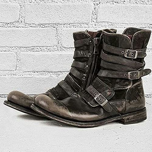 TZH Reitstiefel Für Herren Mittelalterliche Steampunk Retro Leder Ritterschuhe Outdoor Fashion Gürtelschnalle Martin Stiefelschuhe Mit Seitlichem Reißverschluss,48