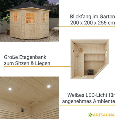 Artsauna Gartensauna Eldur mit 8 kW Ofen, Beleuchtung & Zubehör - Saunahaus aus Fichtenholz - Außensauna für 5 Personen - Outdoor Sauna 200x200x256 cm