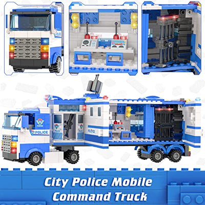 1039 Stück City Polizei, City Polizei Station Bauklötze Set, 8 in 1 Mobile Kommandozentrale Bauspielzeug mit Polizeiauto, Hubschrauber, Boot, Rollenspiel Weihnachten Geschenk für Jungen Mädchen 6-12