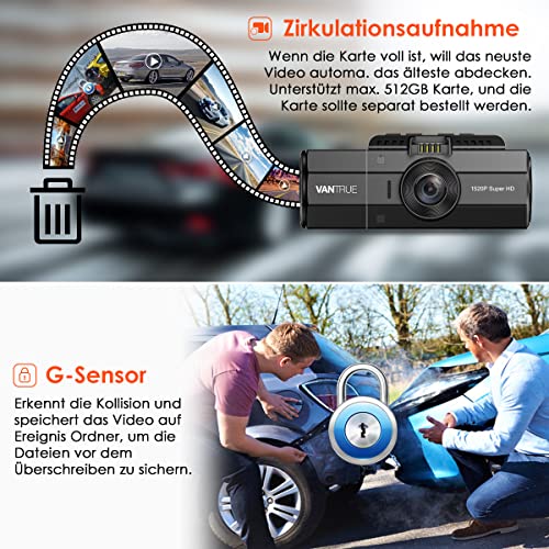 VANTRUE N2S 4K Dashcam Auto Dual 1440P Dash Cam Vorne Hinten, GPS 24Std. Dual Parküberwachung, Dasch-Cam Infrarot Nachtsicht, 2160P Vorne, 2 Zoll 320°Superkondensator Autokamera G Sensor Max. 512GB