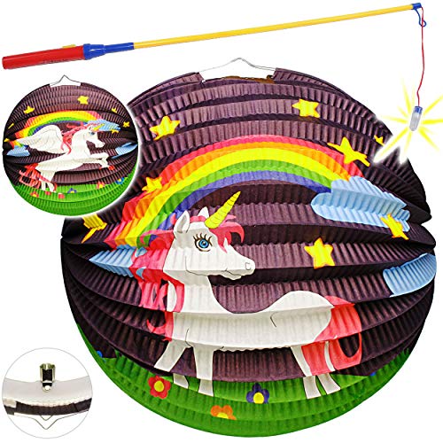 alles-meine.de GmbH Set: Laterne / Lampion + LED Laternenstab - Einhorn & Regenbogen - für Kinder - Papierlaterne Rund - aus Papier - Lampe - Laternen Lampions - Figur - elektris..