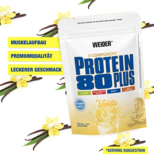 WEIDER Protein 80 Plus Mehrkomponenten Protein, Vanille, Eiweißpulver für cremige, unverschämt leckere Eiweißshakes, Kombination aus Whey, Casein, Milchprotein-Isolat und Ei, Fett- & Zuckerarm