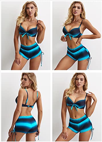 Aleumdr Damen Bikini Set Push Up Badeanzug Damen Zweiteiliger Bademode Bikini Sportlich Tankini Set Bauchweg Badeanzüge Bikini Top mit High Waist Badeshorts, Blau XXL