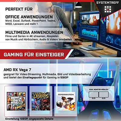 SYSTEMTREFF® Gaming PC AMD Ryzen 5 5600G 6x4.4GHz | AMD RX Vega 7 4K HDMI DX12 | 256GB M.2 NVMe | 16GB DDR4 RAM | Windows 11 | WLAN Desktop Computer Rechner für Gamer, Zocker