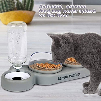 Katzennapf-Set 15° Neigbar Doppelter Futternapf für Nass- Trockenfutter, mit Automatischer Wasserflasche, für Kleine und Mittelgroße Hunde und Katzen