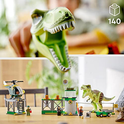 LEGO 76944 Jurassic World T. Rex Ausbruch, Dinosaurier Spielzeug ab 4 Jahre, Set mit Figur, Hubschrauber, Flughafen und Spielzeugauto