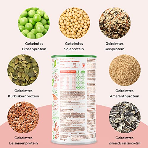 Vegan Protein - VANILLE KIPFERL - Pflanzliches Proteinpulver aus gesprossten Reis, Erbsen, Sojabohnen, Leinsamen, Amaranth, Sonnenblumen- und Kürbiskernen - 600g Pulver