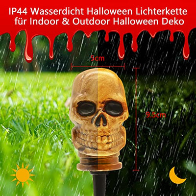 Halloween-Deko Outdoor Retro 3D Skelett Lichterkette - BAYHT 6LED Retro Schädel Lichter, Wasserdichtes Batteriefach mit Timerfunktion, für Halloween Party Garten Festival Dekoration