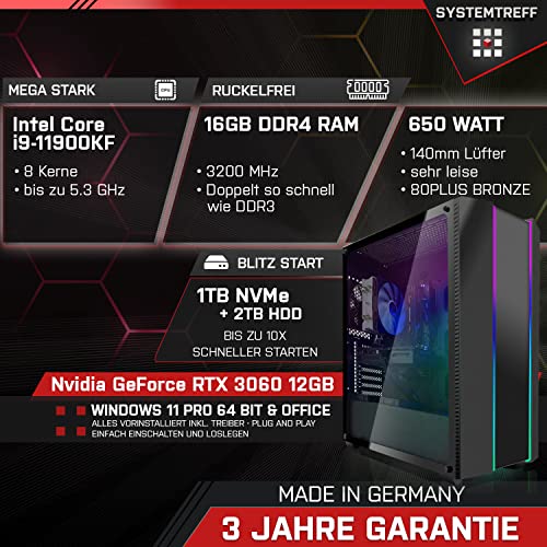 SYSTEMTREFF® Gaming PC Intel Core i9-11900KF 8x5.3GHz | Nvidia GeForce RTX 3060 12 GB DX12 | 1TB M.2 NVMe + 2TB HDD | 16GB DDR4 RAM | Windows 11 | Desktop Computer Rechner für Gamer, Zocker & Streamer