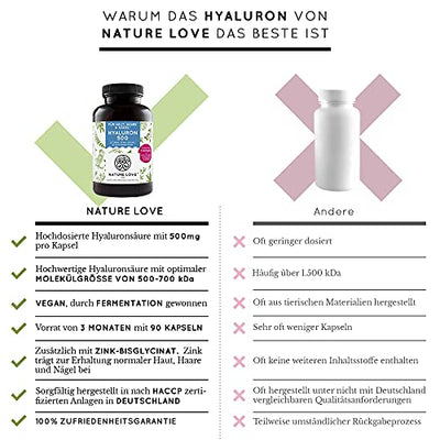 NATURE LOVE® Hyaluronsäure Kapseln mit Zink - Hochdosiert: 500mg - Vegan - 90 Stück (3 Monate) - 500-700 kDa