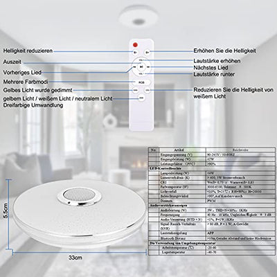 36W LED Deckenleuchte Dimmbar mit Bluetooth Lautsprecher,LED Deckenlampe mit Fernbedienung oder APP-Steuerung,RGBW Farbwechsel,Einstellbar für Schlafzimmer Küche Kinderzimmer Wohnzimmer