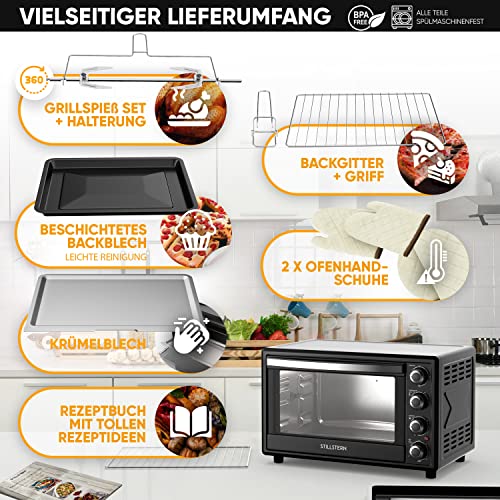 Stillstern Minibackofen mit Umluft (35L) Deutsche Version, Auftauen, Ofenhandschuhe, Rezeptheft, Drehspieß, Timer, Innenbeleuchtung, 1600W, Toaster Grill Pizzaofen Mini Backofen ideal für Camping