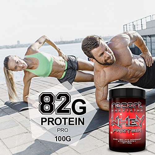 Whey Protein (Erdbeer) mit Shaker, Premium Protein-Shake mit 82% Eiweiß für Muskelaufbau und Abnehmen, Eiweißpulver Made in Germany, Recort Nutrition