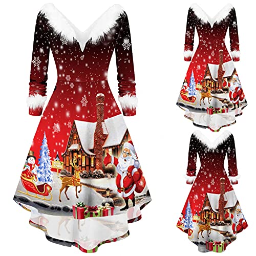 Weihnachtskleid Damen mit Plüsch Kragen Elegant Abendkleider Weihnachtskostüme Damen für Weihnachtsfeier Swing Plisseekleid Knielang A-Linie Cocktailkleid für Silvester Karneval