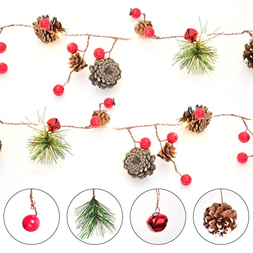 YQing 204cm Weihnachtskiefer Girlande, Weihnachtsgirlande mit LED,Rote Beeren, Kiefernzapfen, Beerengirlande Deko für Kamin-Tür-Winter-Innendekoration im Freien