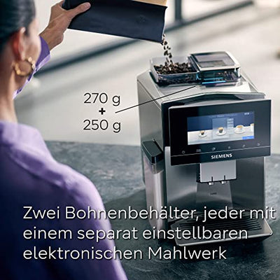 Siemens Kaffeevollautomat EQ900 TQ907D03, App-Steuerung, Full-Touch Display, Barista-Modus, Geräuschreduzierung, bis zu 10 Profile, automatische Dampfreinigung, 2 Bohnenbehälter, 1500 W, edelstahl