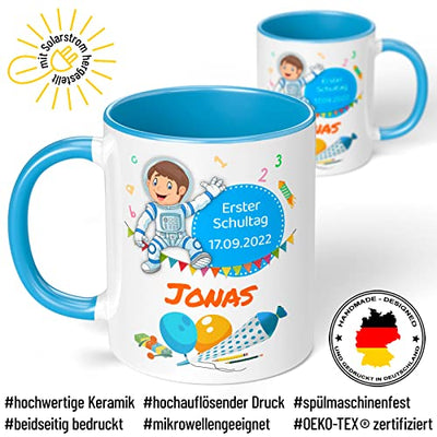 Geschenk zur Einschulung für Mädchen und Jungen: personalisierte Tasse "Erster Schultag" mit Name und Datum (Astronaut, Hellblau)