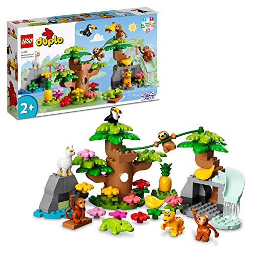 LEGO 10973 DUPLO Wilde Tiere Südamerikas Spielzeug-Set mit 7 Tierfiguren, Steine und Dschungel-Spielmatte, Lernspielzeug für Mädchen und Jungen ab 2 Jahre