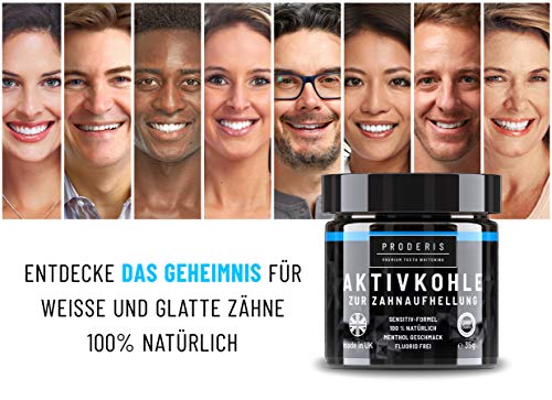 Proderis Kokosnuss Aktivkohle Pulver für weiße Zähne mit frischem Menthol Vegan Activated Charcoal Teeth Whitening Powder Zahnaufhellung Kohle