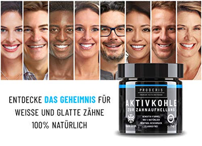 Proderis Kokosnuss Aktivkohle Pulver für weiße Zähne mit frischem Menthol Vegan Activated Charcoal Teeth Whitening Powder Zahnaufhellung Kohle