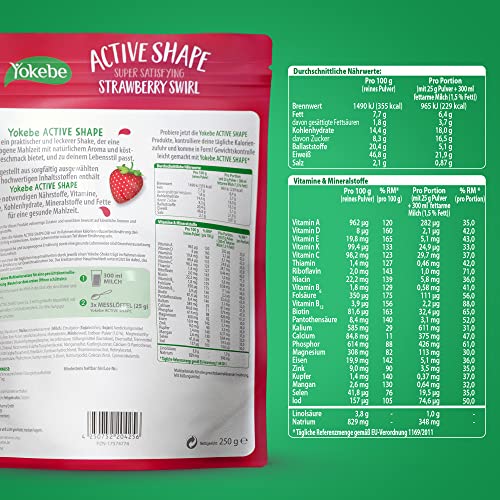 Yokebe ACTIVE SHAPE Strawberry Swirl - Mahlzeitersatz für eine gewichtskontrollierende Ernährung - Diät-Drink mit hohem Proteingehalt und Erdbeer-Geschmack - 250 g = 10 Portionen