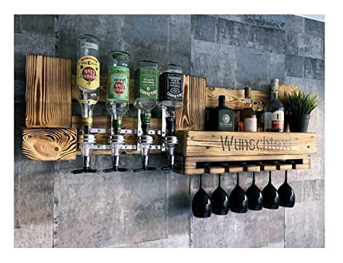 Rustikale Wand-Bar inkl. 4 Getränkespender 3cl - Personalisiertes Geschenk | 120cm Industrial Vintage Weinregal Flaschen-Regal | Platz für Spirituosen & Gläser | für Wein, Schnaps, Whisky Massiv