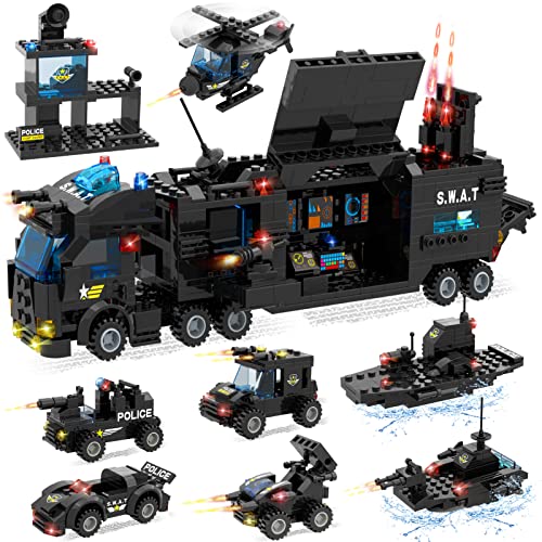 25 in 1 City Polizeistation Bausteine Set,City Polizei Mobile Einsatzzentrale Set mit Hubschrauber,Kreuzer, Raketenfahrzeuge,Rollenspiel Geschenk, Geeignet für Kinder Jungen Mädchen ab 6-12,1020 Stück