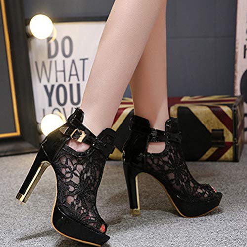 Minetom Sandalen Damen Pumps Schuhe Lace Hohl Blockabsatz High Heels Open Toe Sandalen Abend Party Braut Sommerschuhe A Schwarz 39 EU