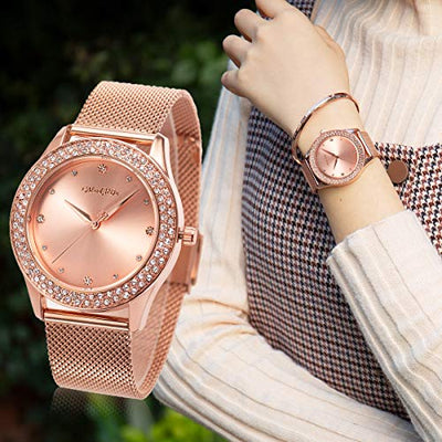 ManChDa Frauen Armbanduhr Kristall Mesh Edelstahl Gurt Damen Quarz Diamant Klassische Mode Romantische + Schmuck Manschette Armband Set (Rosegold)