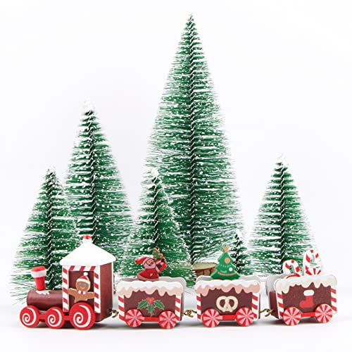 7 Stück Tischdeko Weihnachten Weihnachtszug Deko Holz-Eisenbahn Künstlicher Klein Weihnachtsbaum 5/10/15/20cm Miniatur Grün Mini Tannenbaum Weihnachtsdeko Tisch Geschenke für Weihnachten Neujahr