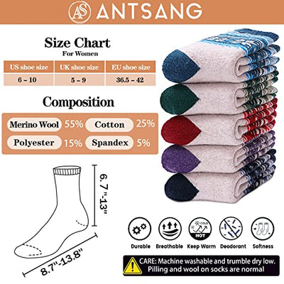 ANTSANG Damen Merino Socken Wolle Wandersocken Warme Wollsocken Atmungsaktiv Thermosocken Geschenke für Frauen Weihnachten Dicke Wintersocken Weihnachtsgeschenke 5 Paar (Schneeflocke A(hellgrau))