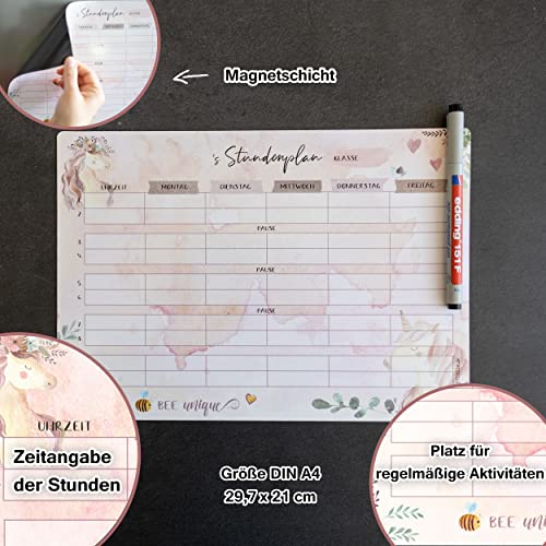 Einhorn Stundenplan magnetisch inkl Stift - Wiederbeschreibbarer Mädchen Unicorn Schule Stundenplan | Stundenplaner abwischbar in DIN A4 | Für Kinder ab der 1 Klasse Grundschule (Magnetisch + Stift)