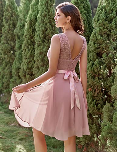 BeryLove Damen Spitzenkleid Brautjungfer Elegant Party Knielang Cocktailkleid Chiffon Ärmellos BLP7005B-Blush2XL