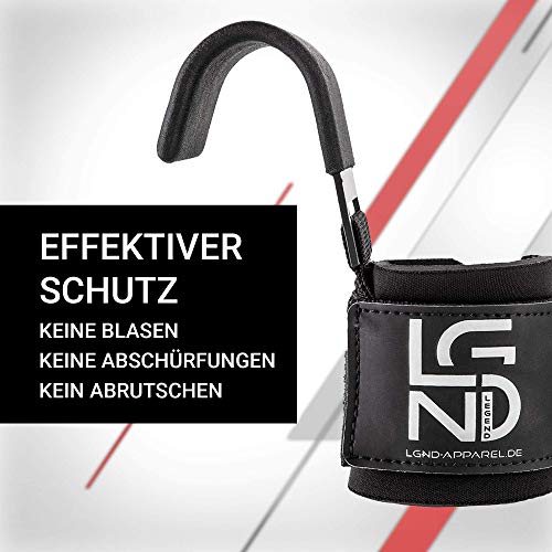 LEGEND Power-Zughaken für Profis - Neopren & Klettverschluss - 2er Set - Powerlifting Zughilfen mit Metall-Haken Fitness Bodybuilding Krafttraining