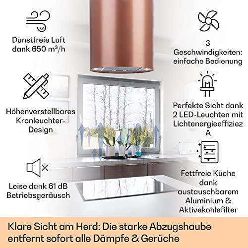 Klarstein Beretta Dunstabzugshaube - Insel-abzugshaube, Inselhaube, 35 cm (Ø) / 60 cm Abdeckungung, Abluft/Umluft, 650 m³/h, inklusive Aktivkohlefiltern, Energieeffizienzklasse C, kupfer