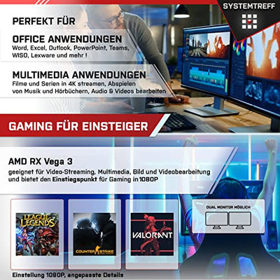 SYSTEMTREFF® Office PC AMD Athlon 3000G 4 Threads 3.5GHz | AMD Radeon RX Vega3 4K HDMI DX12 | 256GB SSD | 16GB DDR4 RAM | Windows 11 | WLAN Silent Desktop Computer Rechner für Büro Business Multimedia