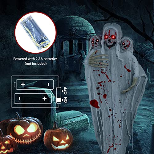 Halloween Hängende Geister Deko - 180 x 110 cm, Grusel Groß DREI Köpfe Skelett Türdeko Außen, Horror Glitzer Haustür Totenkopf Figuren für Garden | Spukhaus | Mottoparty, mit 2 x Haken Selbstklebend