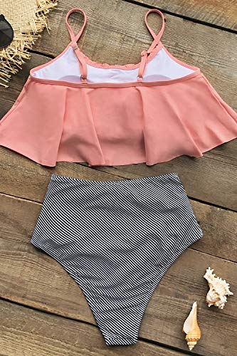 CUPSHE Damen Bikini Set Falbala Rüschen High Waist Bauchweg Bademode Zweiteiliger Badeanzug Rosa L