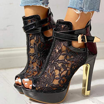 Minetom Sandalen Damen Pumps Schuhe Lace Hohl Blockabsatz High Heels Open Toe Sandalen Abend Party Braut Sommerschuhe A Schwarz 39 EU