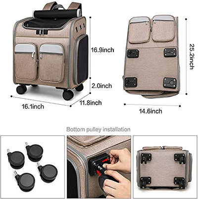 Rucksack mit Rollen für Transport, für Haustiere, Kinderwagen, Haustier, Transporttasche für Welpen und Katzen, bequemer Rucksack（Braun）