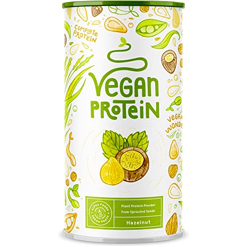 Vegan Protein - HASELNUSS - Pflanzliches Proteinpulver aus gesprossten Reis, Erbsen, Sojabohnen, Leinsamen, Amaranth, Sonnenblumen- und Kürbiskernen - 600g Pulver