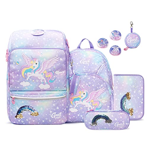 GMT for Kids Schulrucksack Set 5-teilig ergonomische leichte Schultasche für Grundschule Kinder mit Reflektoren, höhenverstellbare Hüftgurt Sicherheit, 22 L(Einhorn)