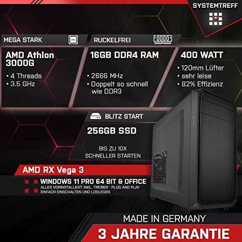 SYSTEMTREFF® Office PC AMD Athlon 3000G 4 Threads 3.5GHz | AMD Radeon RX Vega3 4K HDMI DX12 | 256GB SSD | 16GB DDR4 RAM | Windows 11 | WLAN Silent Desktop Computer Rechner für Büro Business Multimedia