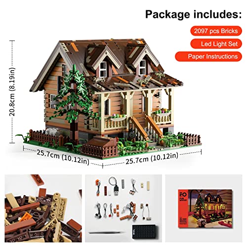 FunWhole Architektur Bausteine Haus Bausatz: mit LED Set Baumhaus Holzhütte Modulares Haus, Modellbausatz für Kinder und Erwachsene, kompatibel mit Lego Modell Geschenk für 16+ 18+(2097 Teile)