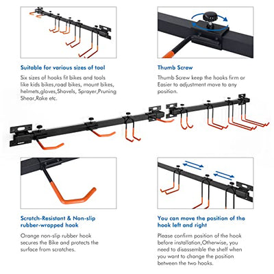 Ikkle Fahrradständer, Fahrrad Wandhalterung Werkzeug-Organizer, Werkzeugregal Regale Organizer, Gerätehalter Garten für Haus & Garage Wandhalterung mit 8 abnehmbaren Haken - 63 inch